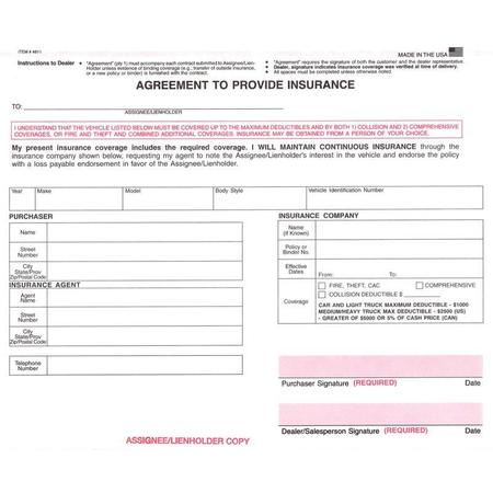 ASP Agreement To Provide Insurance, 8 1/2" X 7" - 3 Part, 100 Per Pack Pk 4811